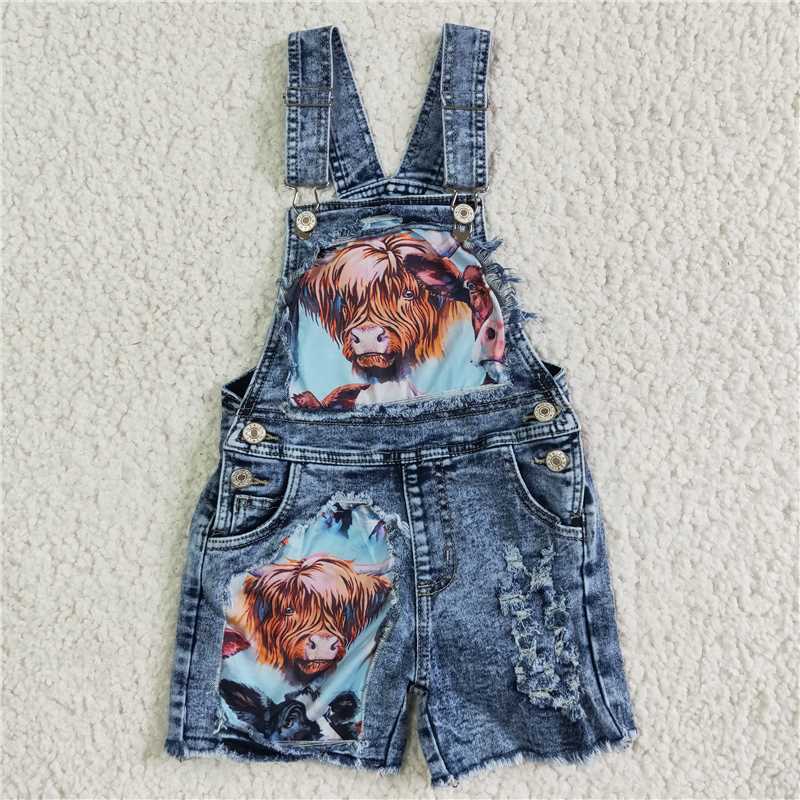 kids girls highlands cow denim overall summer shorts denim jumpsuits