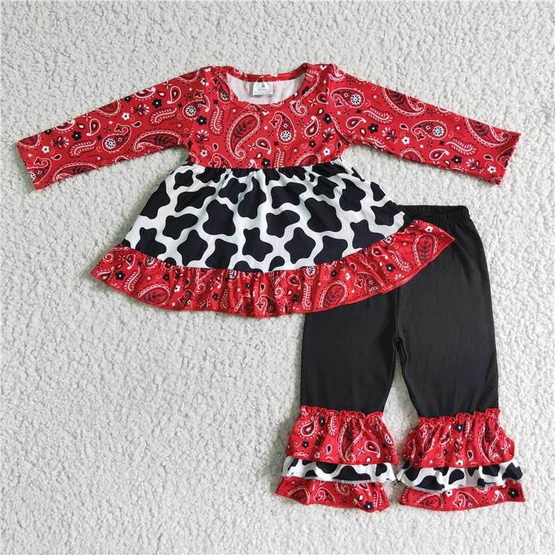 long sleeve cow top and pants 2 pieces girls outfits