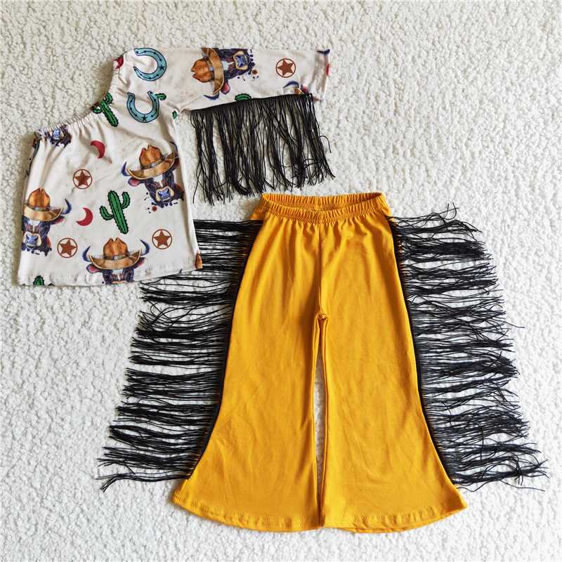 4.19Western cactus tassel top and pants 2 pieces girls outfits kids clothes