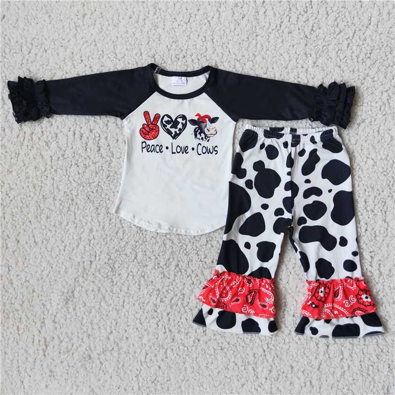 peace love cows top and bell pants 2 pieces girls outfits kids clothes