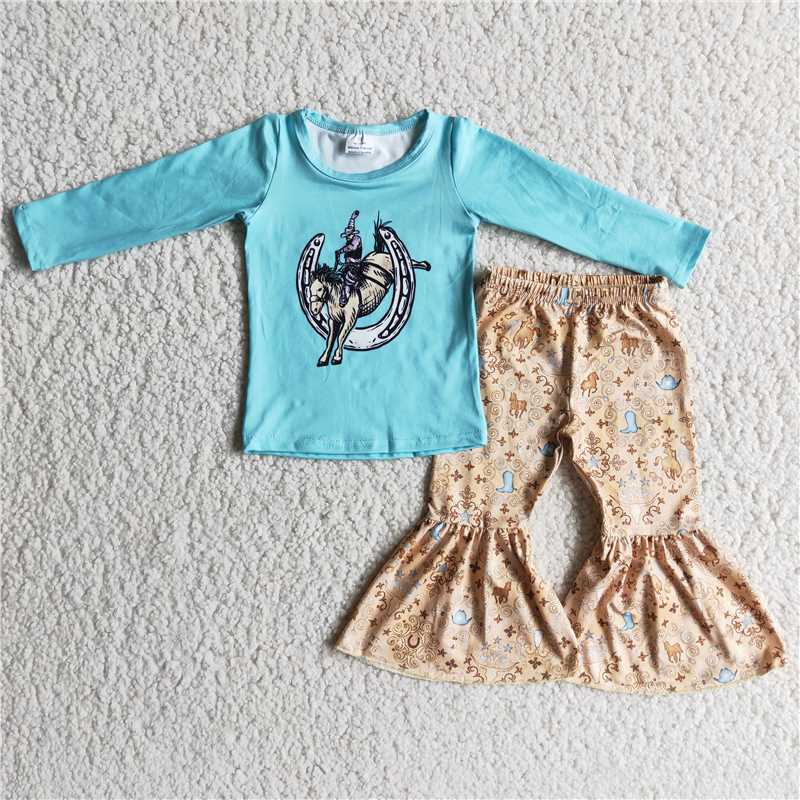 4.17Western top and bell pants 2 pieces girls outfits kids clothes