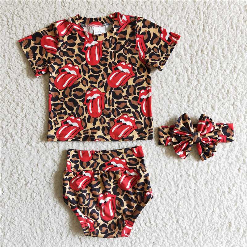 kids Girls bummies sets red tongue leopard print(Bows can purchased separately)