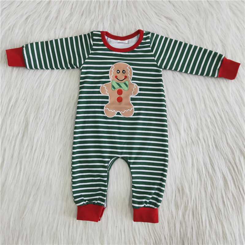 Green Striped Gingerbread Christmas boys rompers with hidden button