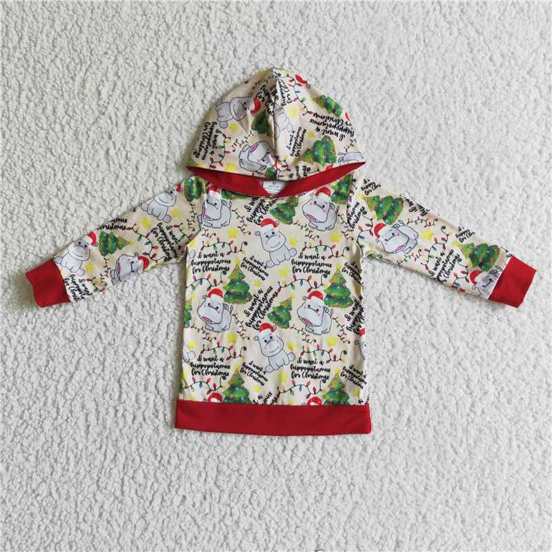 christmas hippo boy girls long sleeve hoodie top