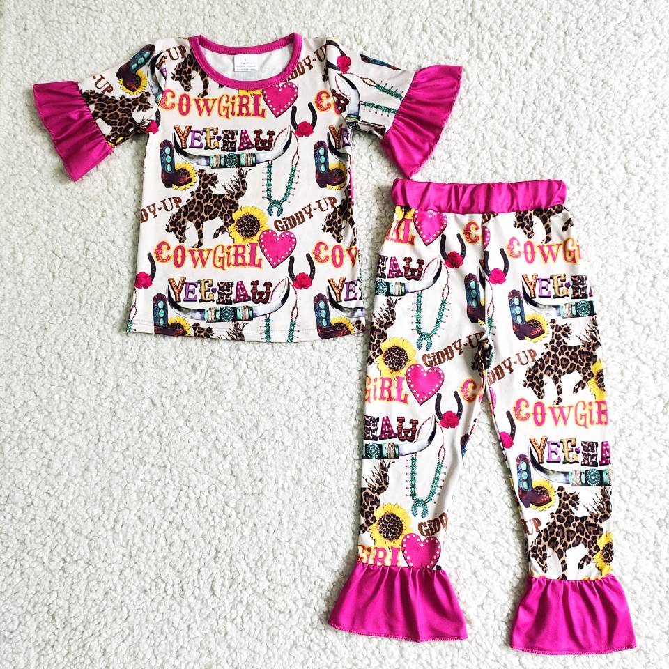 4.19western cowgirl 2 pieces girls pajamas sets kids clothes