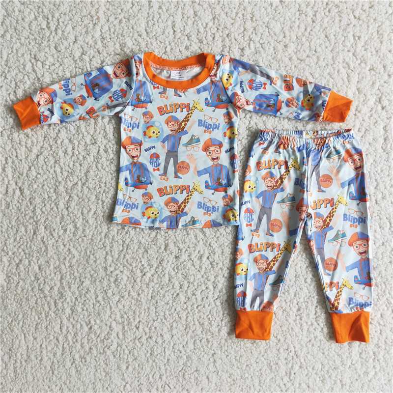 orange pajamas suit boys long sleeve top & pants 2 pieces outfits fall winter sets
