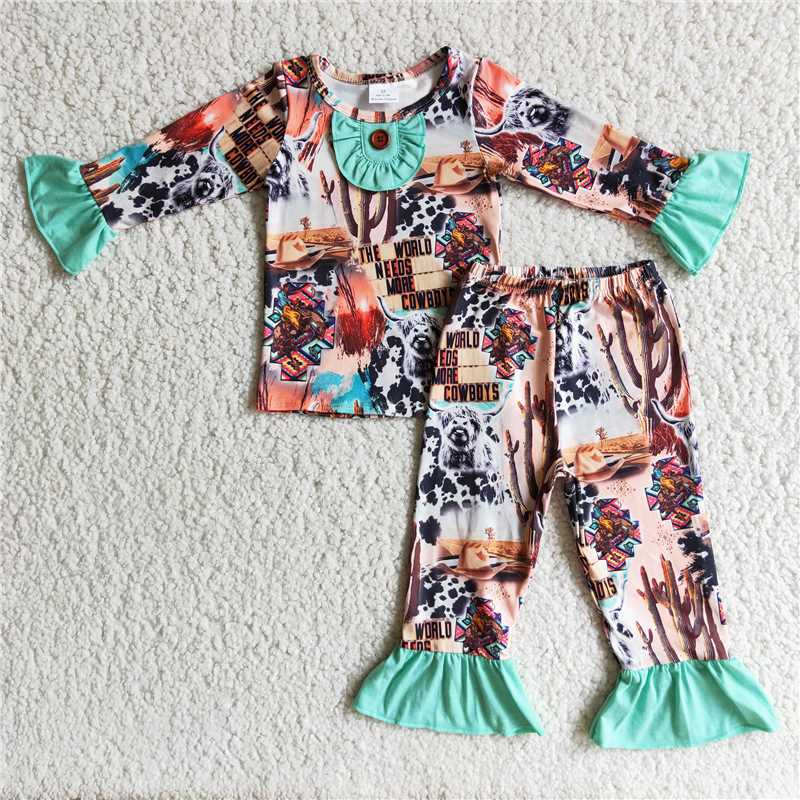 5.12highland cow 2 pieces girls pajamas sets kids clothes