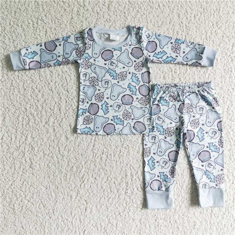 halloween ghost blue pajamas suit boys long sleeve top & pants 2 pieces outfits fall winter sets