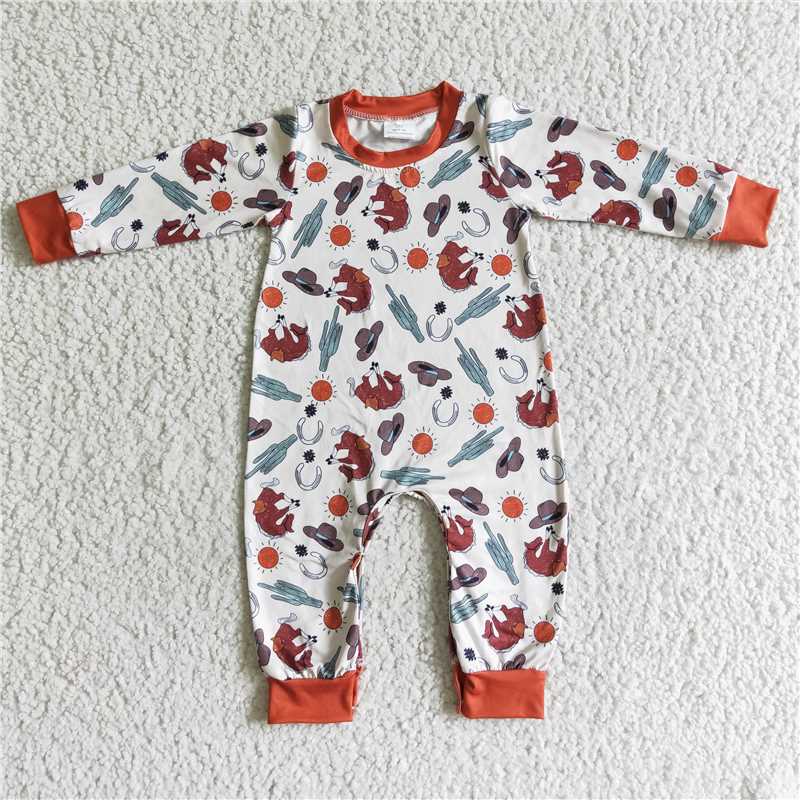 4.19western cactus cow long sleeve boys rompers with hidden button