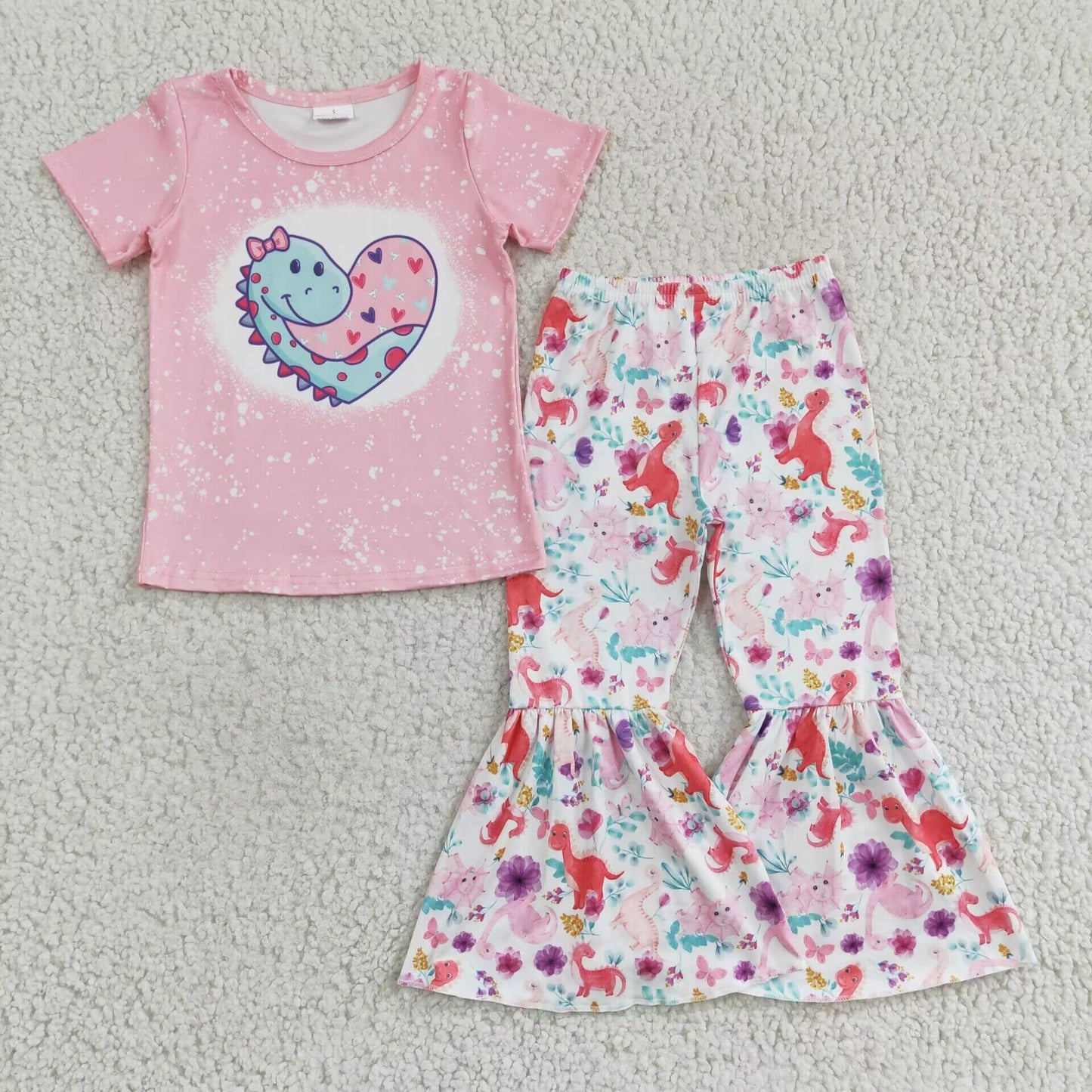 valentine's day Dinosaur shirt & flower bell set girls suit kids clothes
