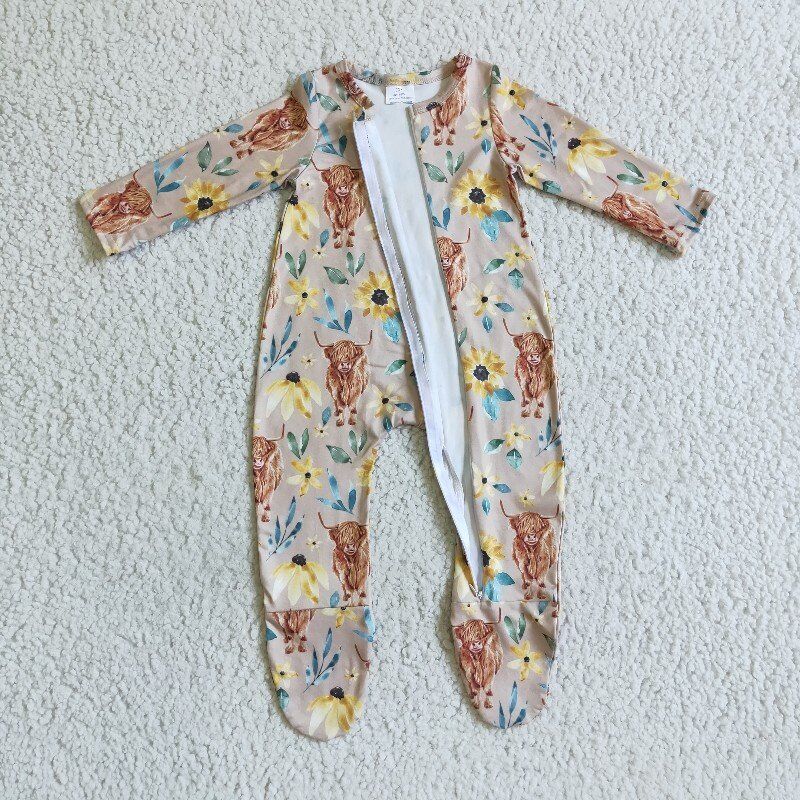 highland cow sunflower Zip Sleeper romper even feet long sleeve jumpsuit