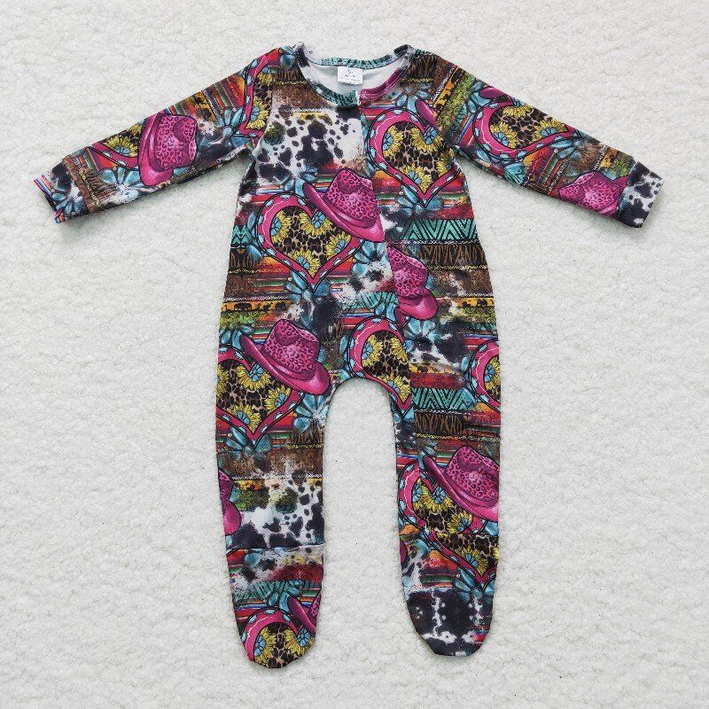 4.18zip sunflower western romper with feet kid clothes
