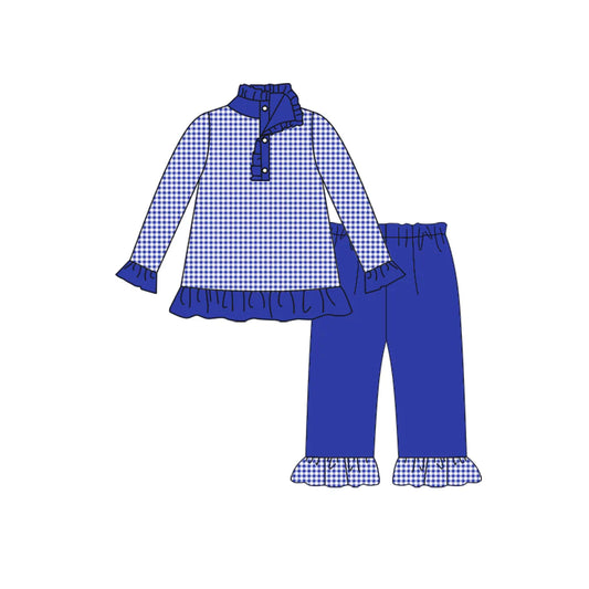8.9preorder(moq 5) Baby Girls Fall Football Team Blue Pullover Top Pants Clothing Sets