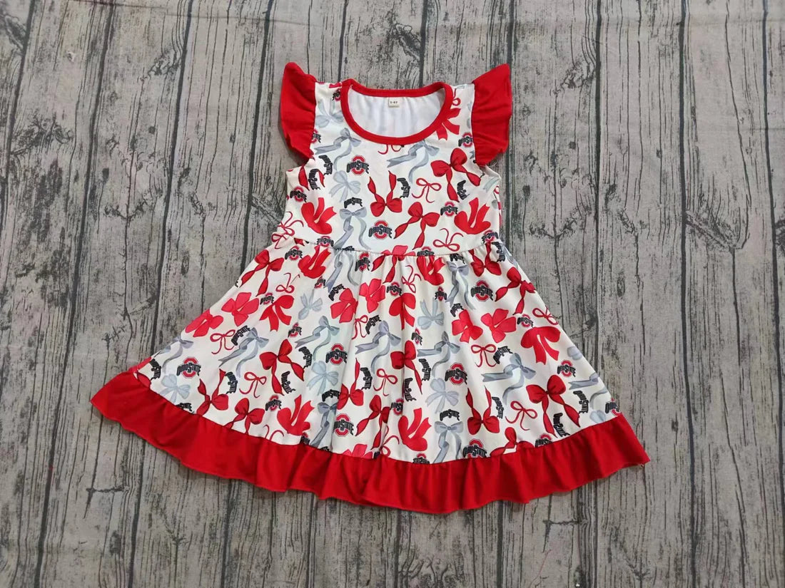 X923Preorder (moq 5)Baby Girls Red Flutter Sleeve Bows Ohiostate Team Knee Length Dresses