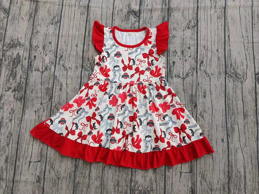 X923Preorder (moq 5)Baby Girls Red Flutter Sleeve Bows Ohiostate Team Knee Length Dresses
