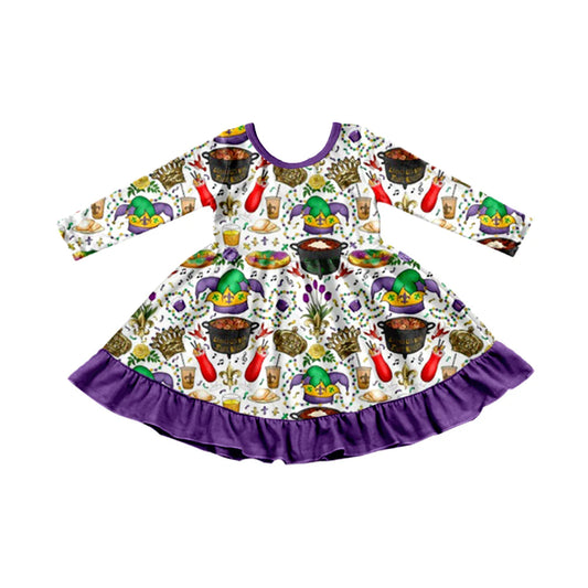X923Preorder (moq 5)Baby Girls Anchors Foots Mardigras Purple Ruffle Knee Length Dresses
