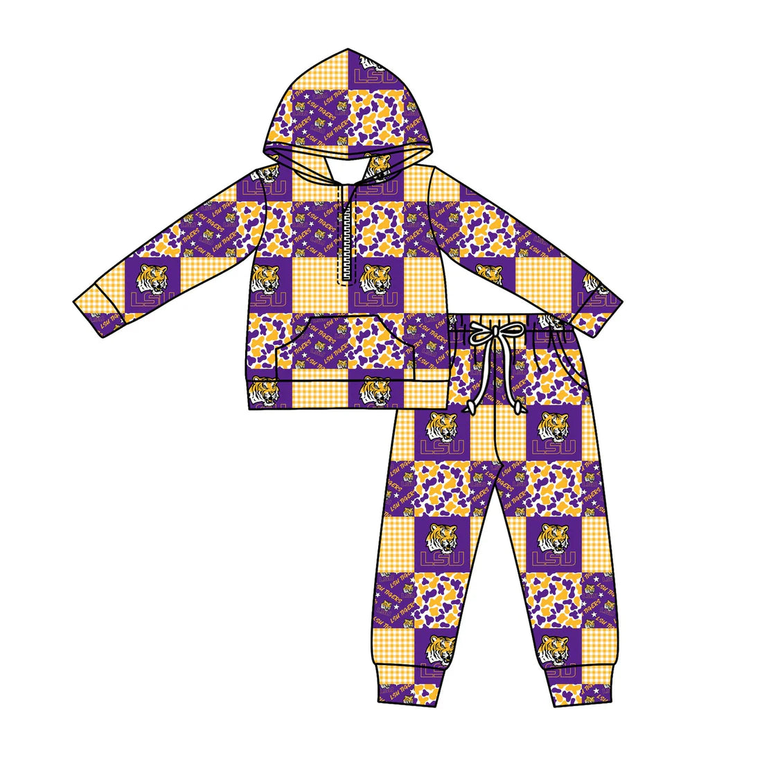 X12.1Preorder (moq 5)Baby Boys Camo LSU Tigers Checked Zipper Pockets Hoodies Pants Team Clothes Sets