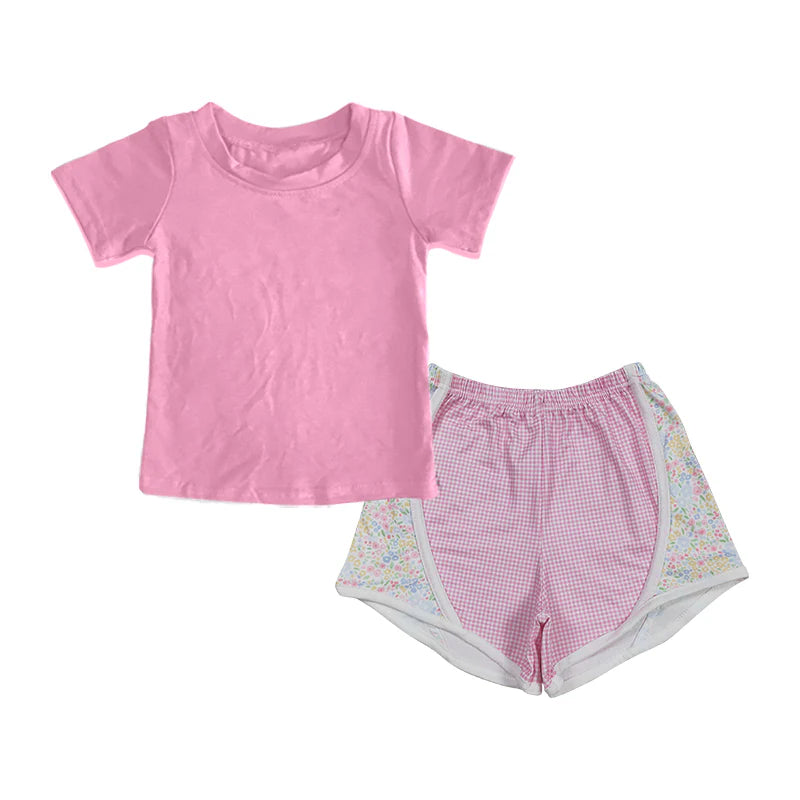 7.30Preorder(moq 5) Baby Girls Short Sleeves Shirts Top Pink Plaid Floral Shorts Set