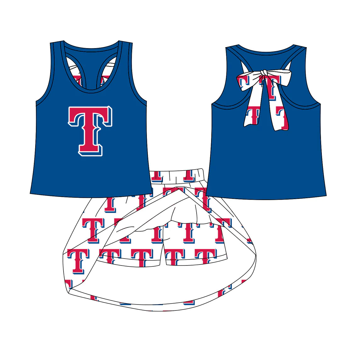 7.29Preorder (moq 5)Baby Girls Texas Blue bow vest team Top Skirt Skort Sets