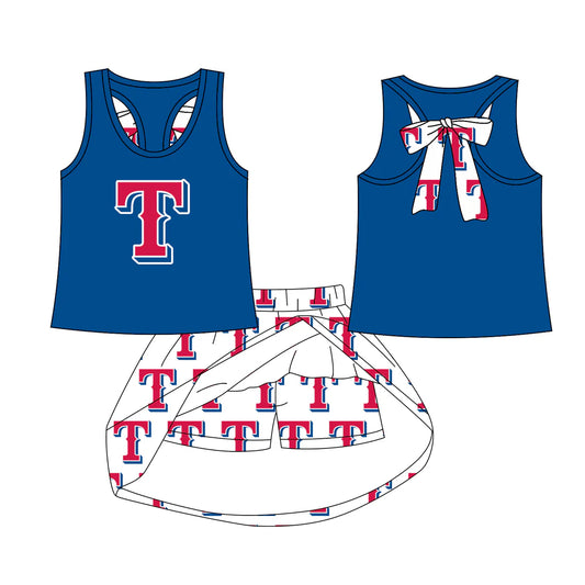 7.29Preorder (moq 5)Baby Girls Texas Blue bow vest team Top Skirt Skort Sets