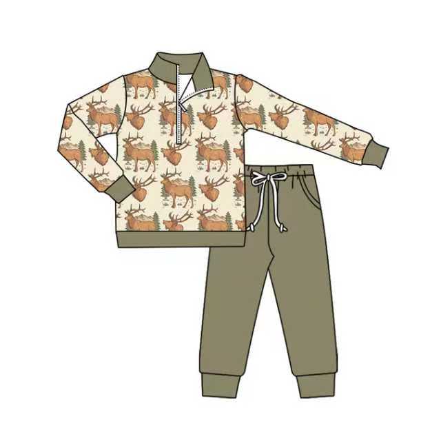 X904Preorder (moq 5)Baby Boys Deer Zipper Pullover Pockets Jogger Western Clothes Sets