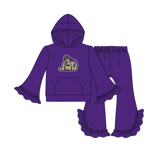 X1.12 Preorder(moq 5)Baby Girls Purple JMU Pocket Hoodie Bell Bottom Pants Team Clothes Sets