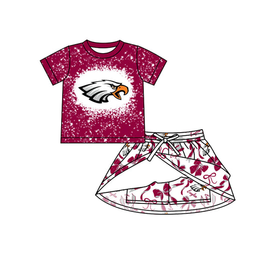 7.11Preorder (moq 5)Baby Girls Wine Short Sleeves Eagles Top Bows Plaid Skorts Team Set