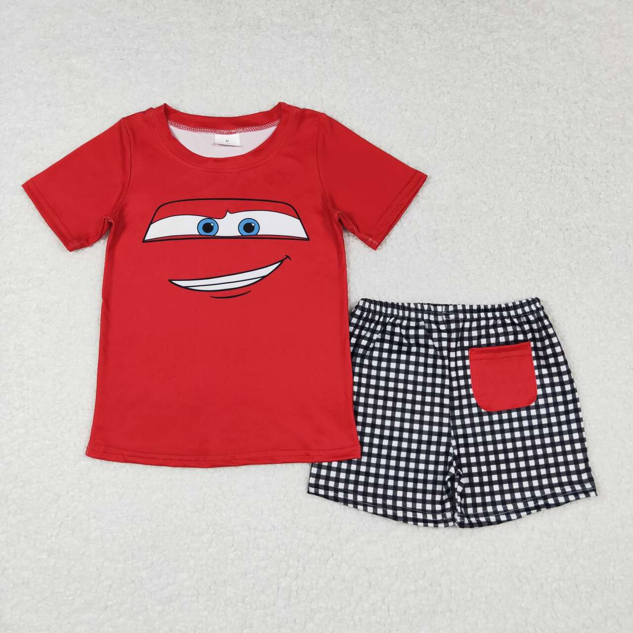 BSSO0654 cars cartoon car red short sleeve plaid shorts suit