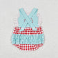 SR0958 Embroidered Fire Engine Red Plaid Blue Lace Vest Jumpsuit