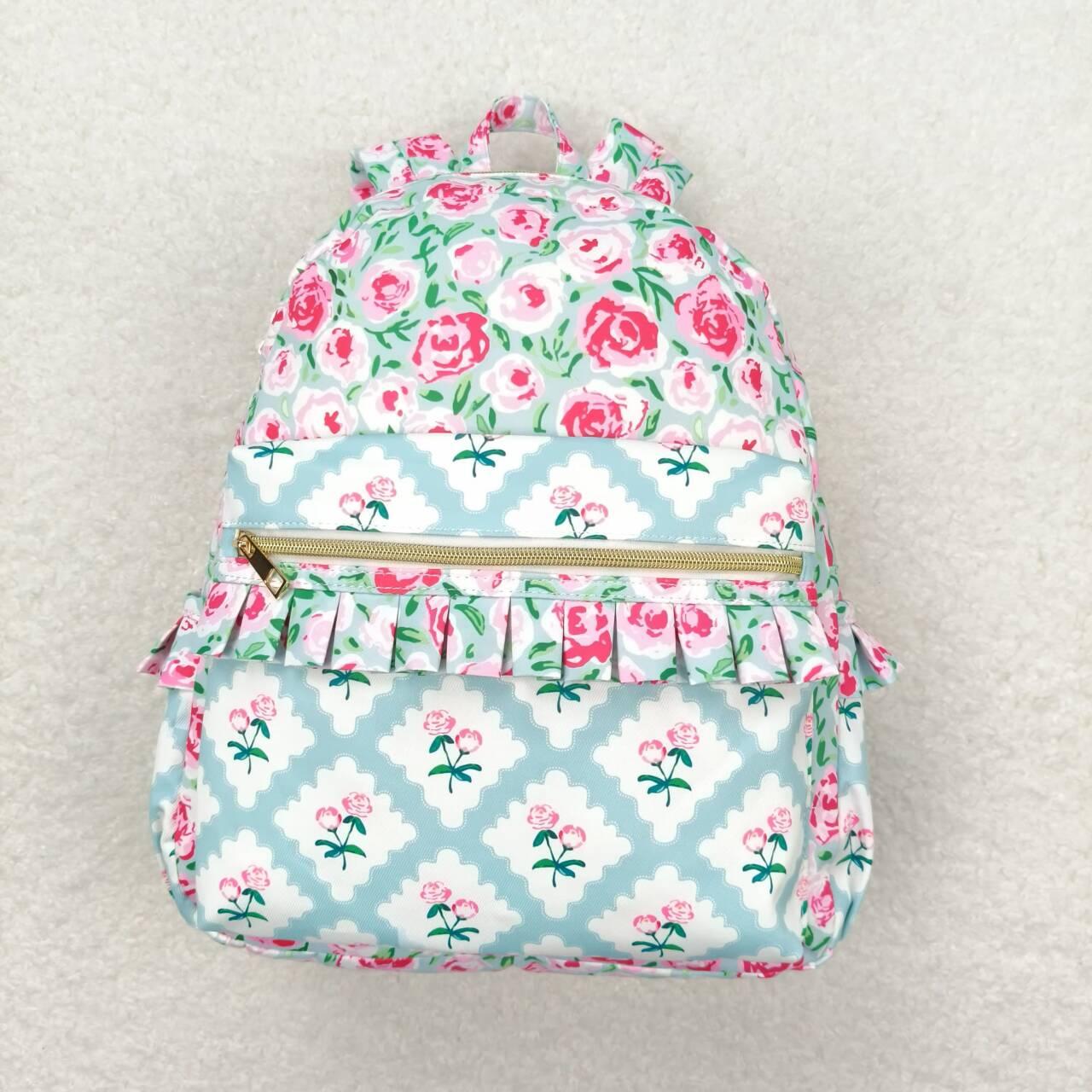 BA0100 Pink flower light blue backpack