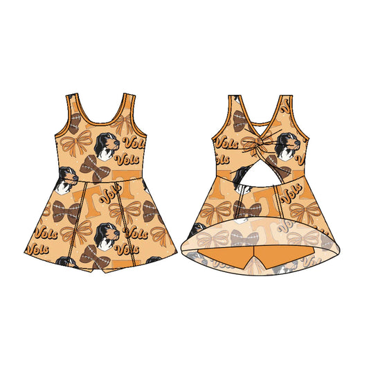 7.18Preorder (moq 5)Baby Girls Sleeveless Football Bows Dogs T Shorts Team Knee Length Dress