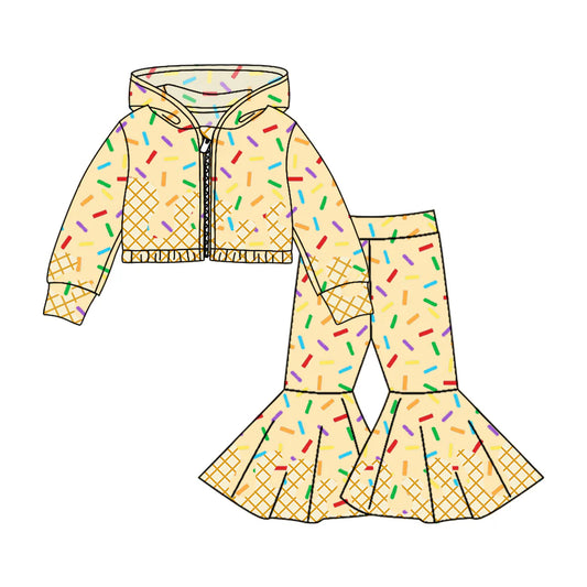 8.4Preorder (moq 5)Baby Girls Yellow Long Sleeves Drip Zipper Jacket Top Bell Bottom Pant Team Clothes Sets