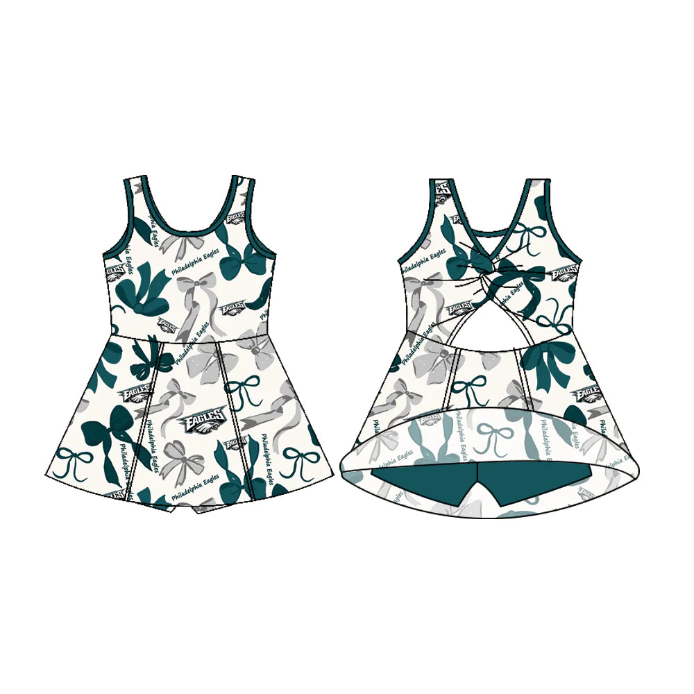 7.11Preorder (moq 5)Baby Girls Sleeveless Philadelphia Eagles Bows Shorts Team Knee Length Dresses