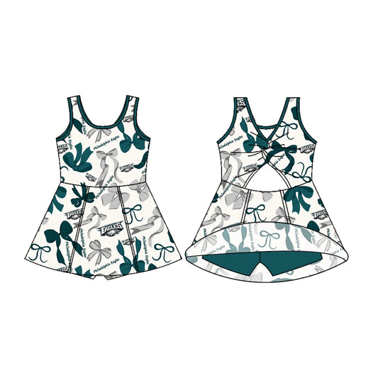7.11Preorder (moq 5)Baby Girls Sleeveless Philadelphia Eagles Bows Shorts Team Knee Length Dresses