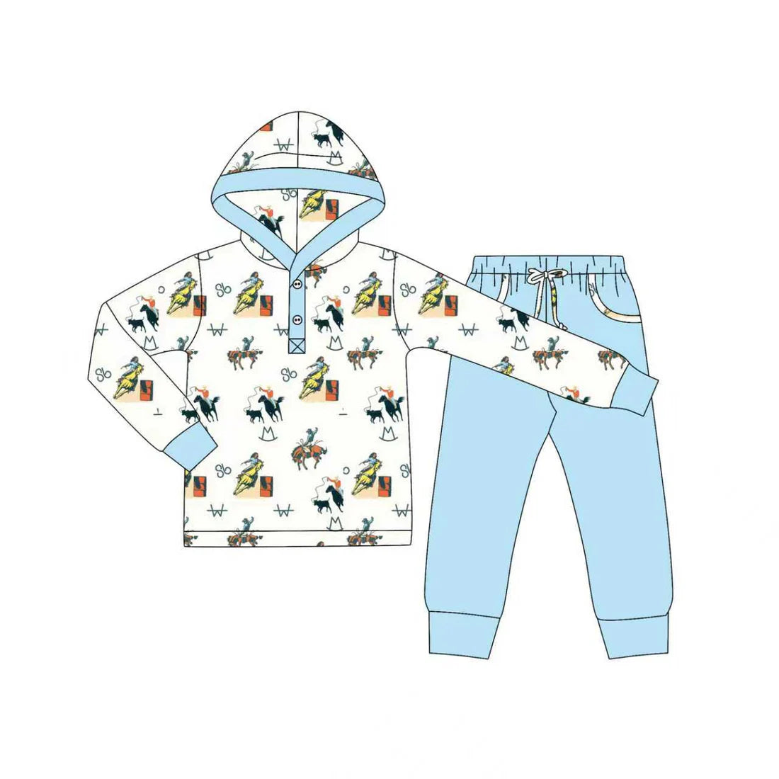 X904Preorder (moq 5)Baby Boys Blue Horse Rodeos Button Hoodie Pockets Jogger Western Clothes Sets