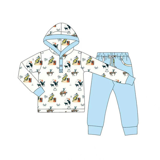 X904Preorder (moq 5)Baby Boys Blue Horse Rodeos Button Hoodie Pockets Jogger Western Clothes Sets