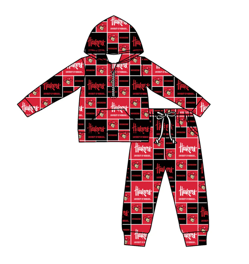 X1.14 Preorder (moq 5)Baby Boys Huskers Checked Zipper Pockets Hoodies Pants Team Clothes Sets