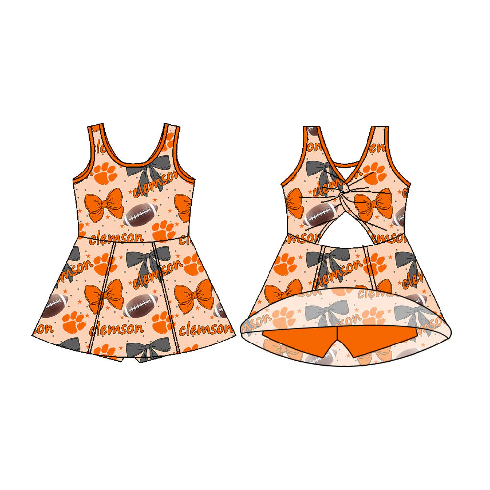 7.22Preorder (moq 5)Baby Girls Sleeveless Bows Footballs Clemson Shorts Team Knee Length Dresses