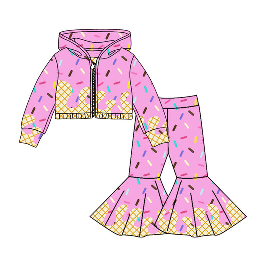 8.4Preorder (moq 5)Baby Girls Pink Long Sleeves Drip Zipper Jacket Top Bell Bottom Pant Team Clothes Sets