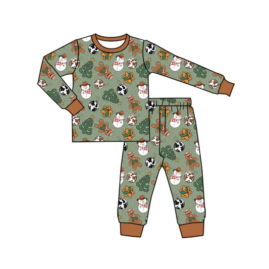 7.19Preorder (moq 5)Baby Boys Long Sleeves Lights Snowman Trees Top Pant Pajamas Set