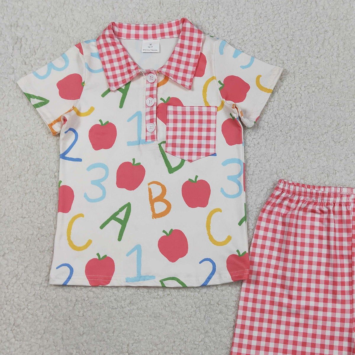3.28 BSSO1913 Baby Boys Apples ABC Pocket Button Top Checked Shorts Back to School Sets