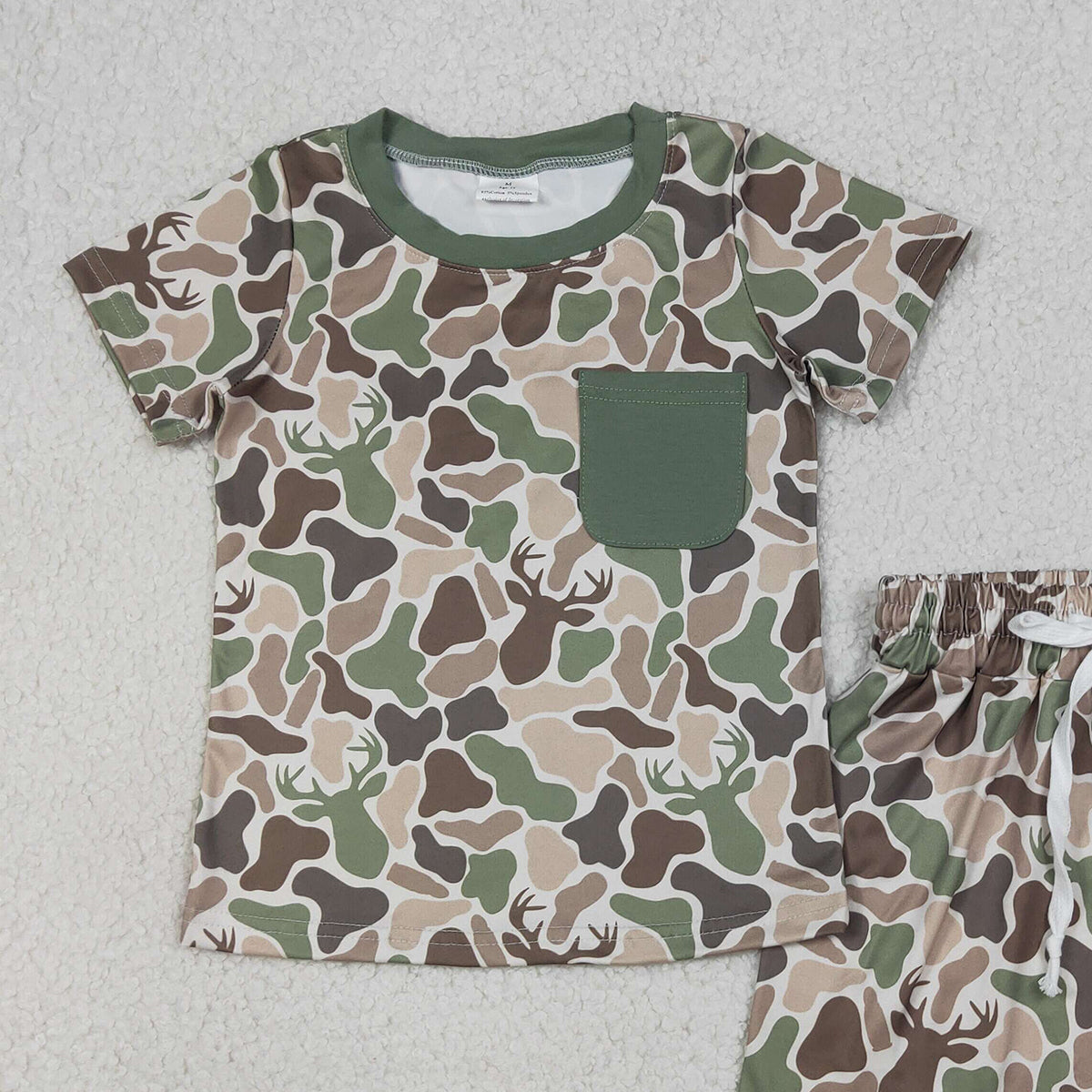 4.1 BSSO1792 Baby Boys Southern Green Deer Camo Pocket Top Shorts Hunting Clothes Sets