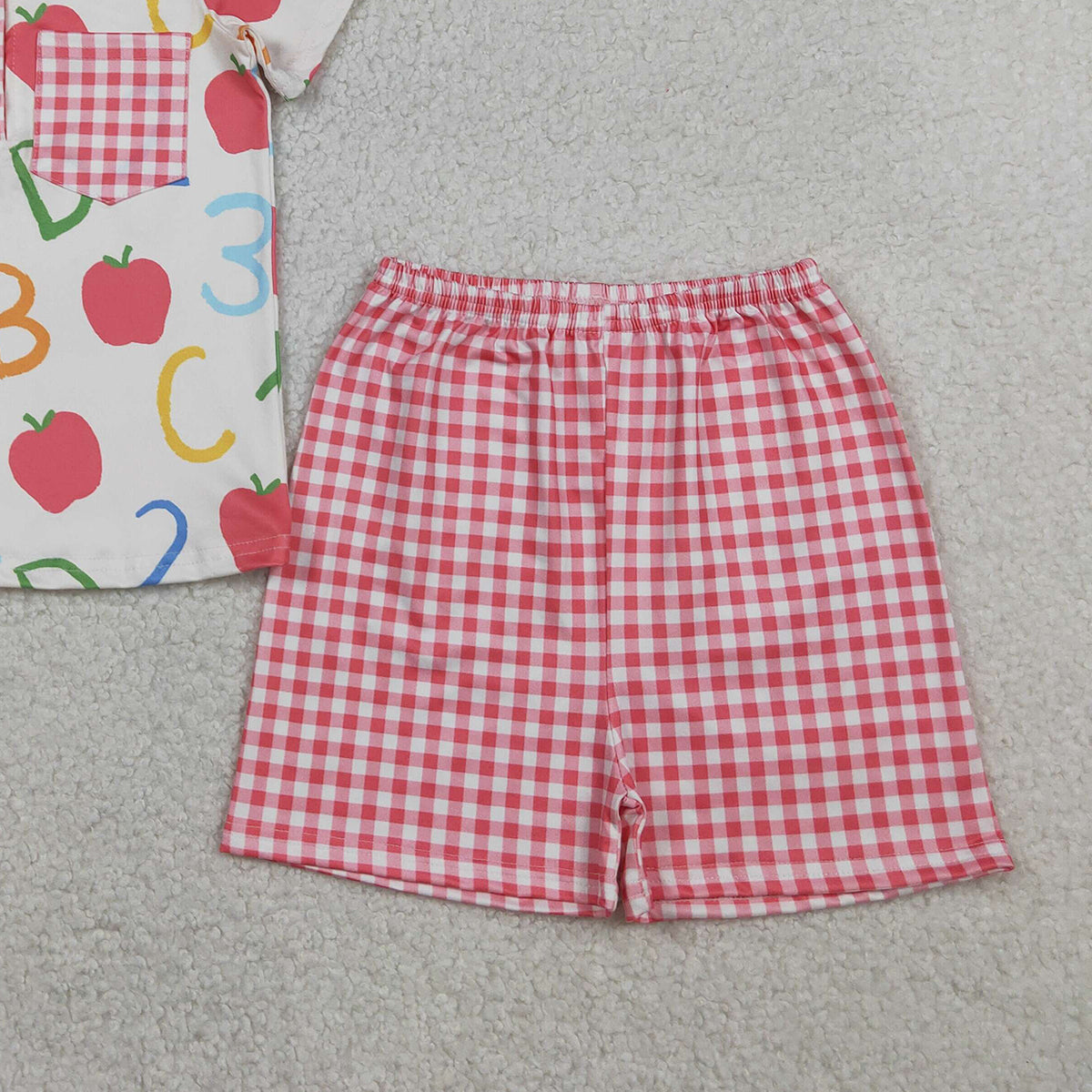 3.28 BSSO1913 Baby Boys Apples ABC Pocket Button Top Checked Shorts Back to School Sets