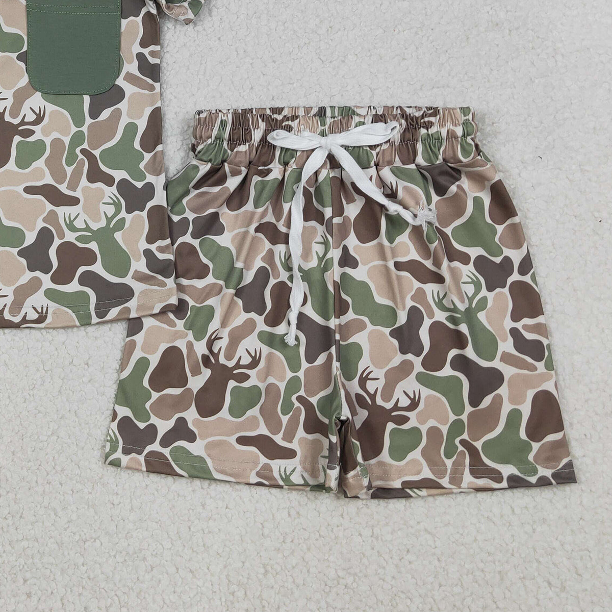 4.1 BSSO1792 Baby Boys Southern Green Deer Camo Pocket Top Shorts Hunting Clothes Sets