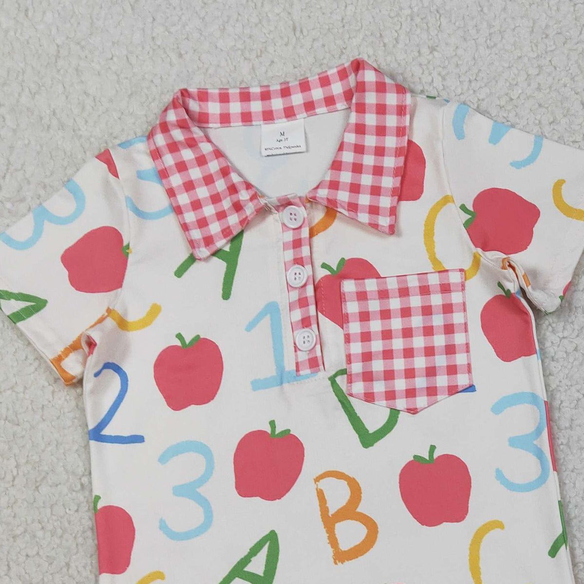 3.28 BSSO1913 Baby Boys Apples ABC Pocket Button Top Checked Shorts Back to School Sets
