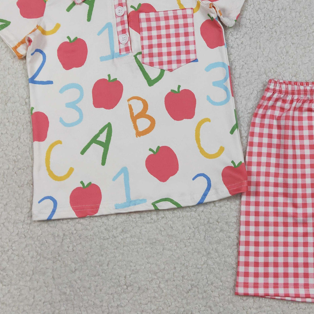 3.28 BSSO1913 Baby Boys Apples ABC Pocket Button Top Checked Shorts Back to School Sets