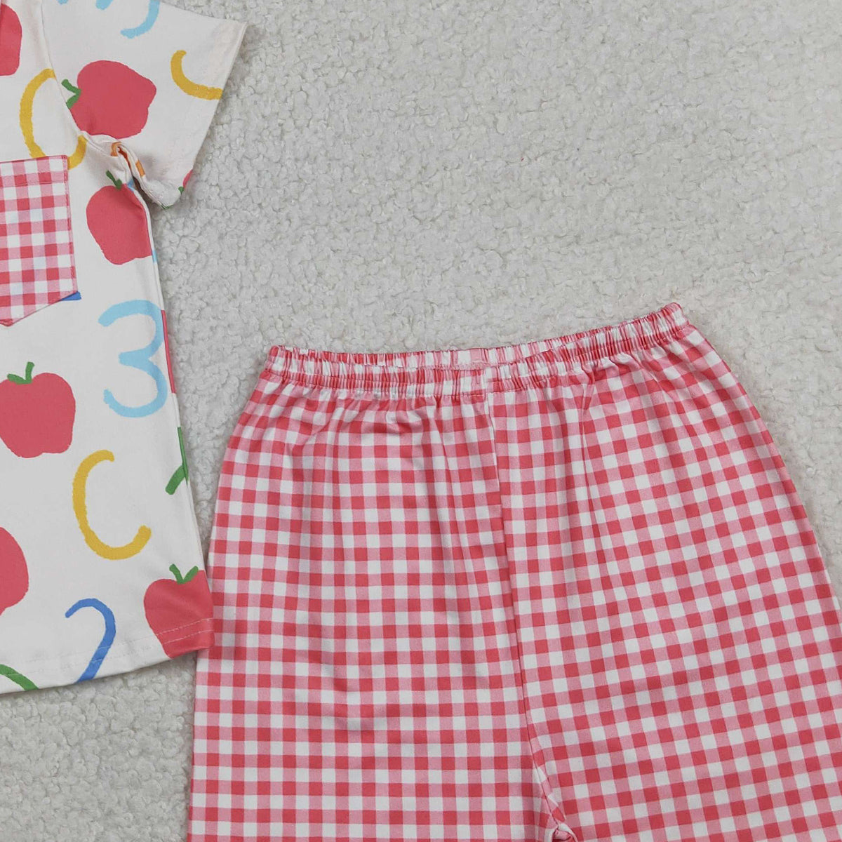 3.28 BSSO1913 Baby Boys Apples ABC Pocket Button Top Checked Shorts Back to School Sets