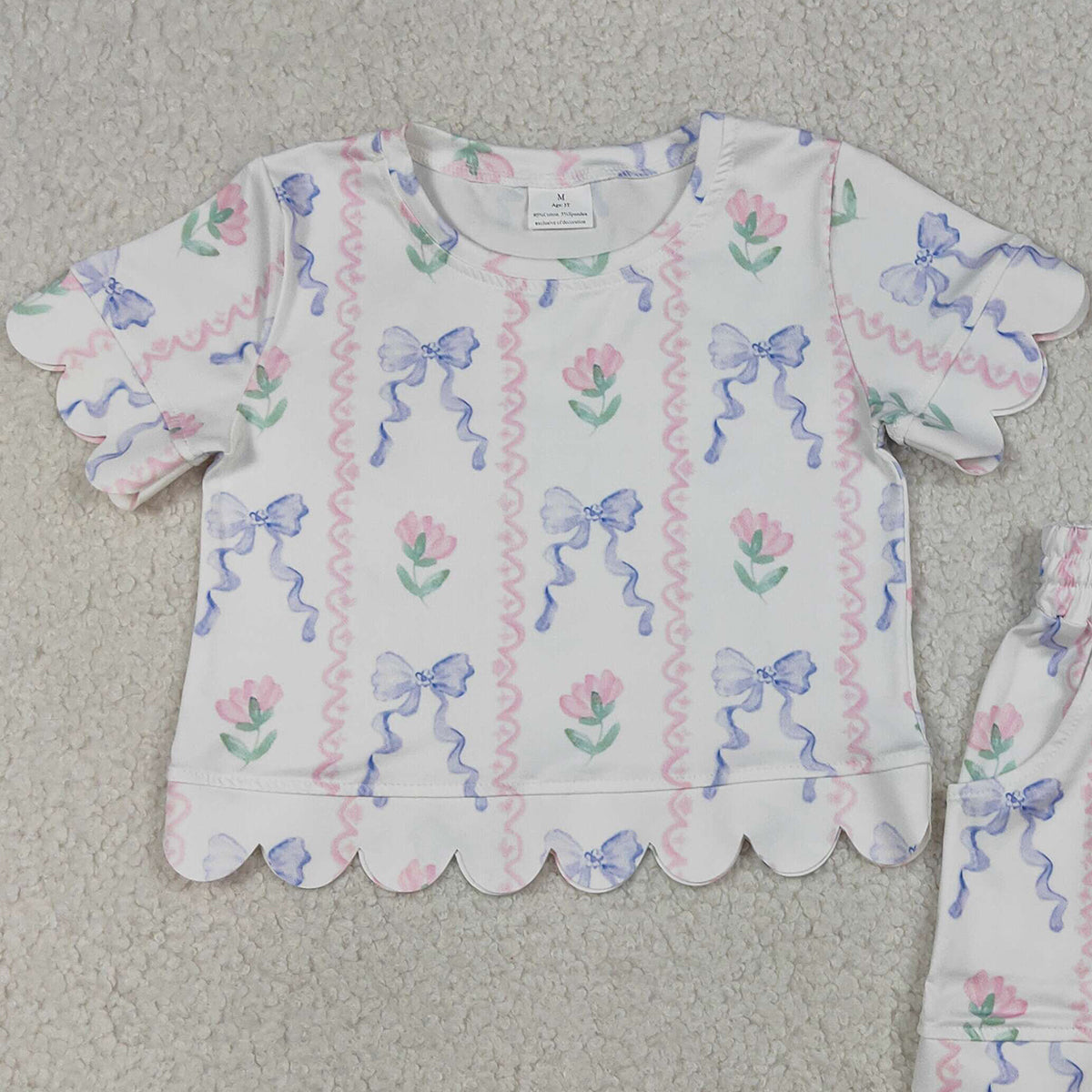 GSSO3272 Baby Girls Short Sleeve Blue Bow Flowers Stripe Top Shorts Scallop Clothes Sets