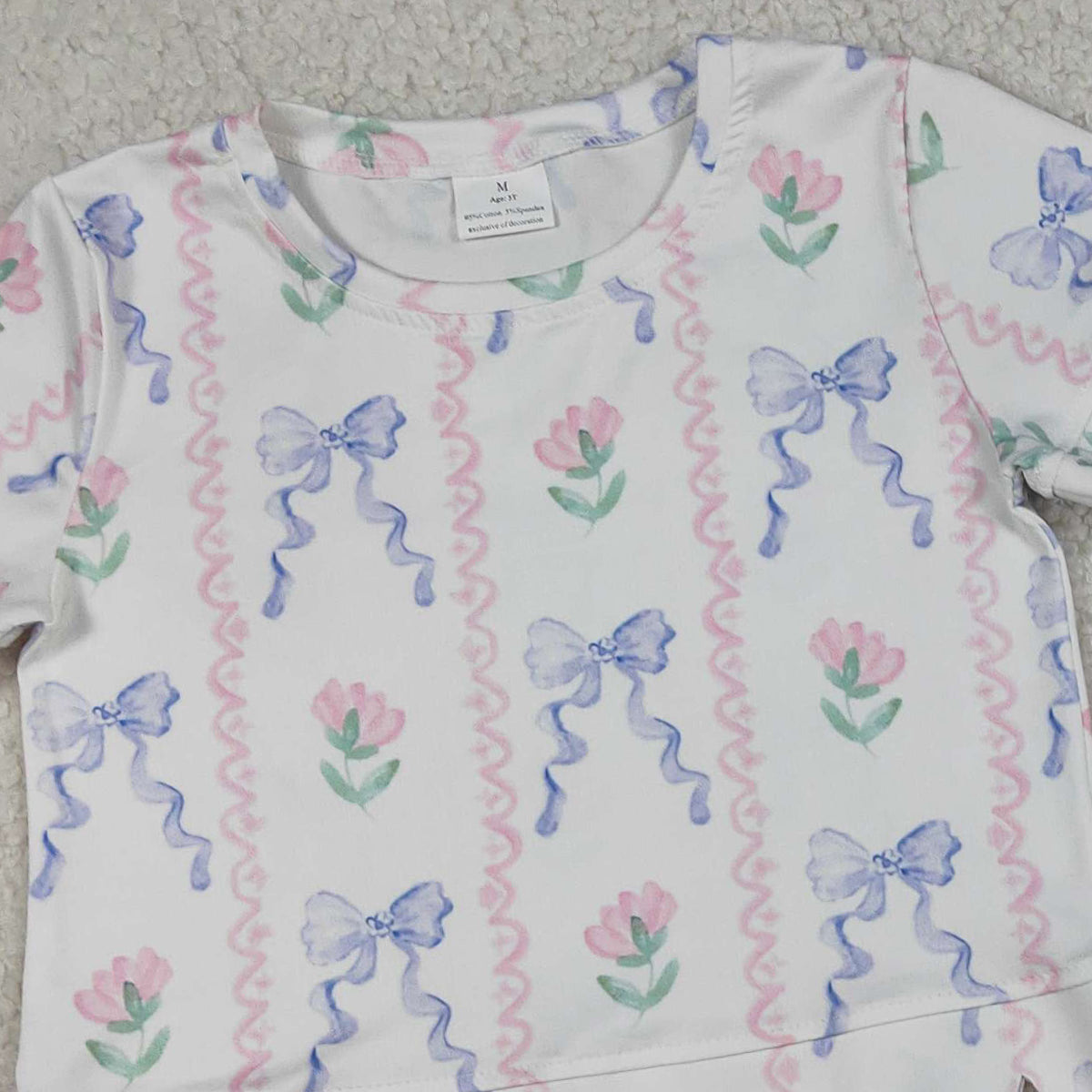 GSSO3272 Baby Girls Short Sleeve Blue Bow Flowers Stripe Top Shorts Scallop Clothes Sets