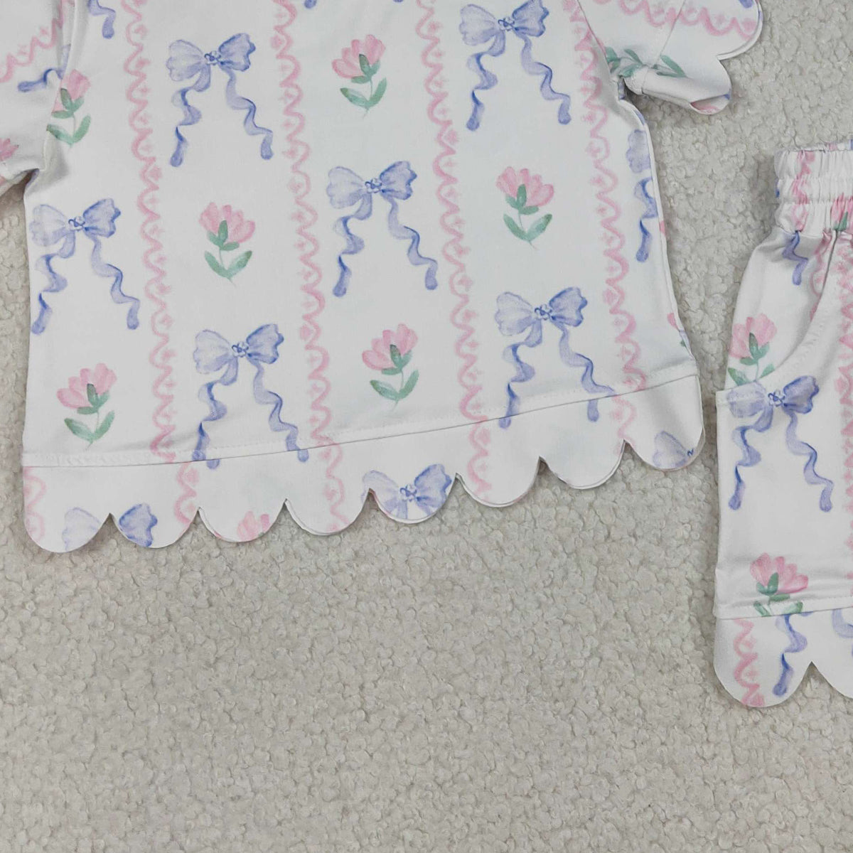 GSSO3272 Baby Girls Short Sleeve Blue Bow Flowers Stripe Top Shorts Scallop Clothes Sets